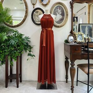 Trina Turk Burnt Orange Halter Maxi Dress with Satin Waist Tie